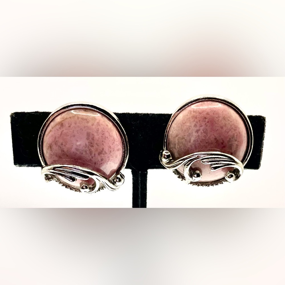 3 for $30 Vtg SilverTone Scrolling Design Cabochon Pink Stone Clip On Earrings